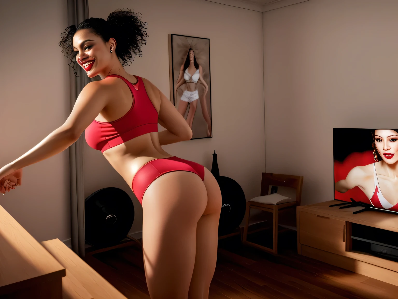 Tthere is a woman standing in front of a TV playing, working out, sweating 4k, wearing a black top and black t-shirt, fitness body, bottom angle, rear shot, toned behind, dancing in the background, sports bra and shorts, other women dancing on the TV screen TV, looking partially to the left, thin Latin woman dancing, interior photo, as if she were dancing, a sensual photo. A woman with white skin and dark hair. She is about 35 years old. Her slightly full and red lips are like a delicate flower, her dark brown, large and charming eyes seem to contain a world of wonders. Slim body. Thin waist. Her body exudes glamor and her face is the definition of beauty. Test, highly realistic, reddish skin, beautiful, slightly full lips, red lipstick, smiling, feeling of lightness and joy, hyper-realism, very elaborate skin, direct look. Full body photo, clear photo, high quality, high resolution, masterpiece, 16K