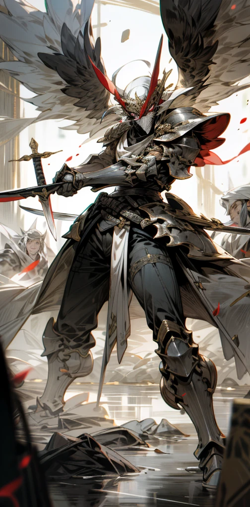 Super detailed, high resolution, very detailed, best quality, illustrations, red eyes, war, sword in both hands, rivers of blood, armor, mask, furious state, divine stance, burst