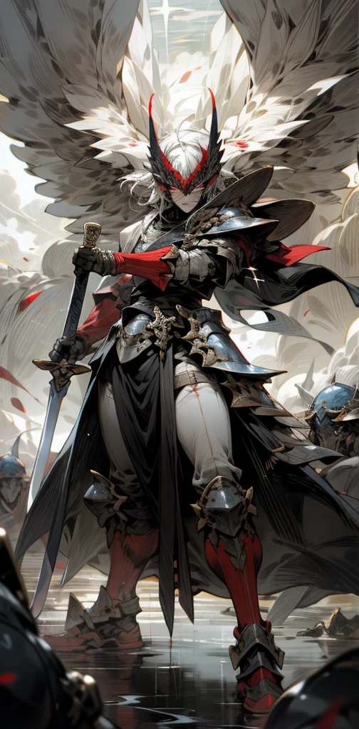Super detailed, high resolution, very detailed, best quality, illustrations, red eyes, war, sword in both hands, rivers of blood, armor, mask, furious state, divine stance, burst