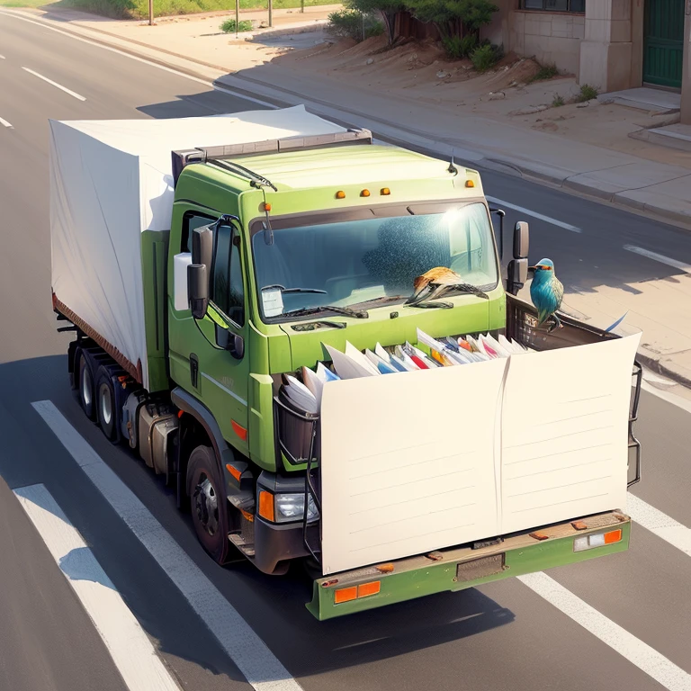 Drawing of a truck on the street,There is a bird flying in the background, Items drawn on paper, Rich colors, Drawn on white parchment, children's books, drawn on paper, paper sketch, machine gun scene, Inspired by Robert Bechtel, Children's drawings, Side perspective, Concept map, On old paper, Top-down drawing