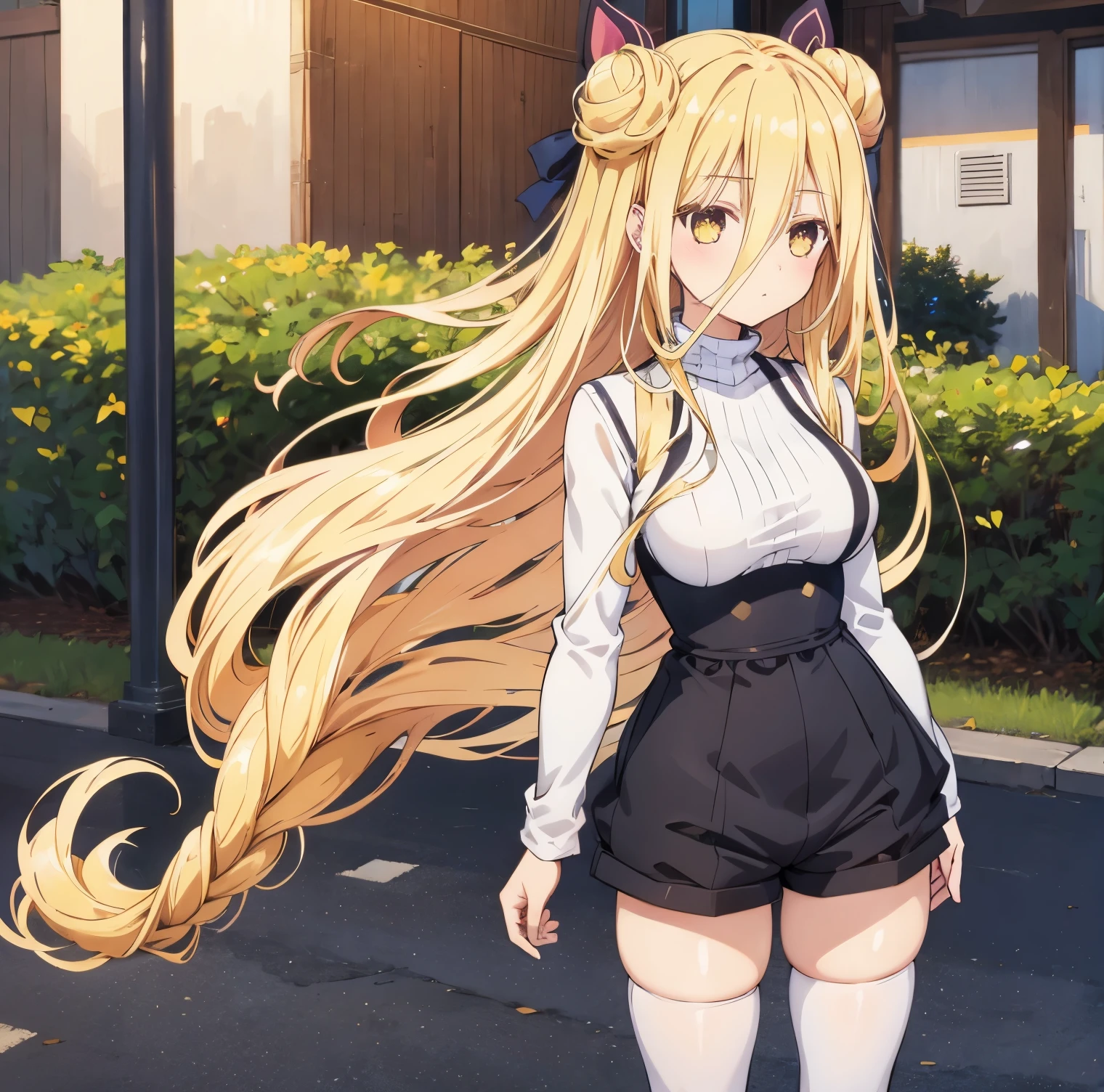 1girl, alone, mukuro Hoshimiya,outdoors, street, looking at viewer, (masterpiece:1.2), best quality, high resolution, unity 8k wallpaper, (illustration:0.8), (perfect hands, perfect anatomy), standing, (blush:1.5), shiny hair, shiny skin, mukuro hoshimiya, yellow eyes, very long hair, blonde hair, double bun, hair between eyes, medium breasts, sweater, long sleeves, turtleneck, denim shorts, high waist, white thighhighs, Full body, perfect hands, perfect anatomy 