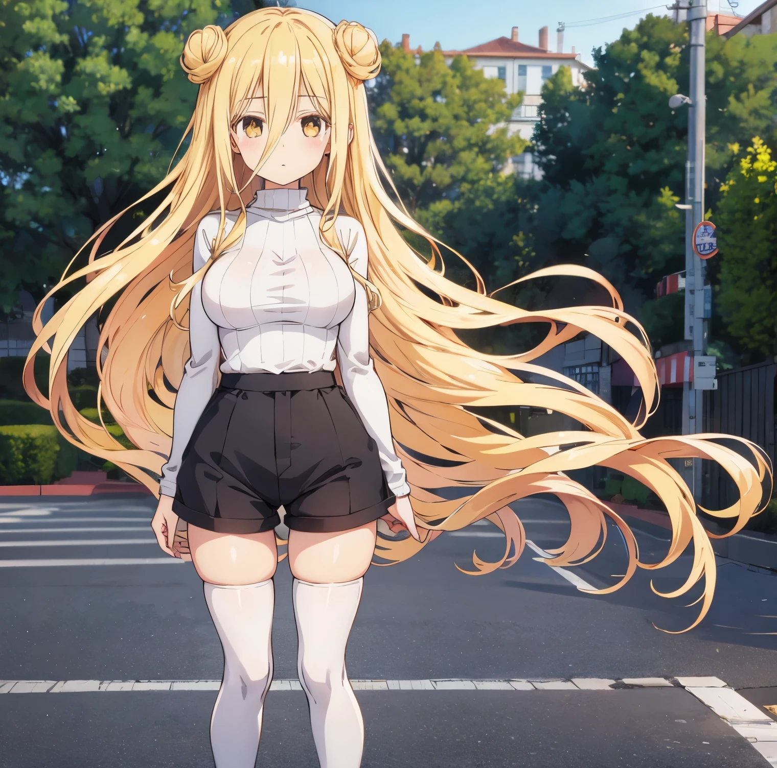 1girl, alone, mukuro Hoshimiya,outdoors, street, looking at viewer, (masterpiece:1.2), best quality, high resolution, unity 8k wallpaper, (illustration:0.8), (perfect hands, perfect anatomy), standing, (blush:1.5), shiny hair, shiny skin, mukuro hoshimiya, yellow eyes, very long hair, blonde hair, double bun, hair between eyes, medium breasts, sweater, long sleeves, turtleneck, denim shorts, high waist, white thighhighs, Full body, perfect hands, perfect anatomy 