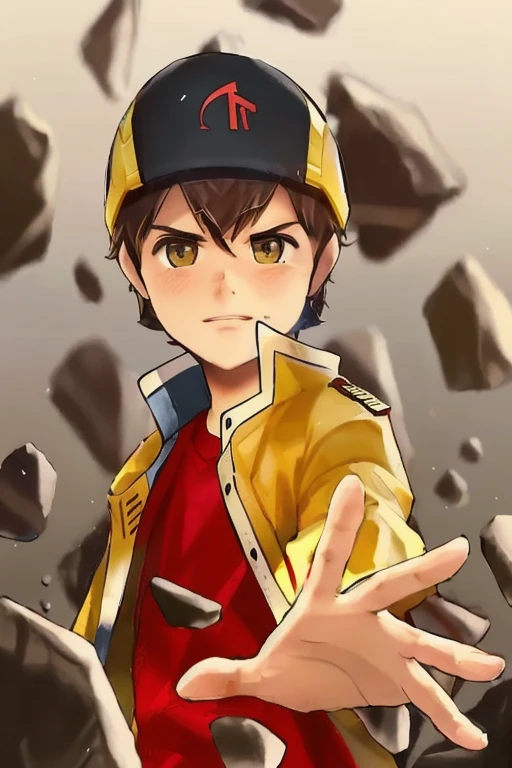 Handsome boy in a red shirt and yellow jacket throwing rocks,