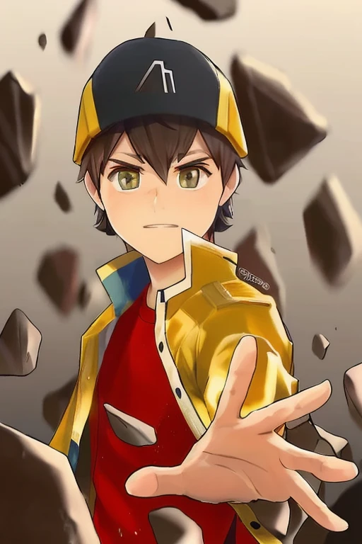 Handsome boy in a red shirt and yellow jacket throwing rocks,