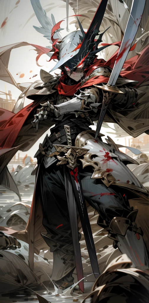 Super detailed, high resolution, very detailed, best quality, illustrations, red eyes, war, sword in both hands, rivers of blood, armor, mask, furious state, divine stance, burst