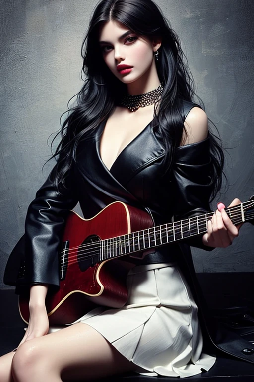 (2 girl) in Music concert ,1girl hold mic, 2 girl play guitar , standing front of stage, (Blue jacket) , white skirt{long}, Wild rebel haircut, short red hair, dark red lips, dark heavy eyeshadow, piercings, lip rings, earrings, eyebrow rings, nipple rings, goth, dungeon, dark, dimmed light , dark erotic fantasy,NSFw