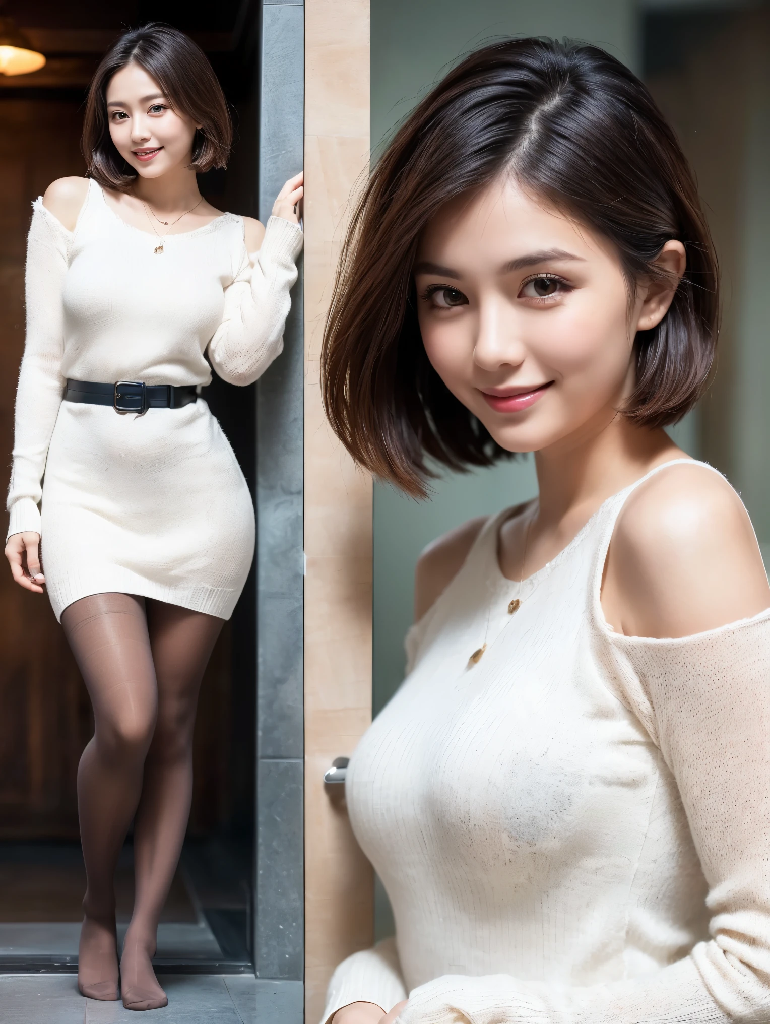 cute, (cute 1girl:1.35, 20-year-old), realism, (High resolution), ((Chiaroscuro, ray tracing lighting)), ((Highest quality realistic textured skins)),((Highest quality realistic textured hair)), ((The most absurd quality: perfect body)), ((Small Head:1.3)), slim and muscular body, ((Perfect balance)), ((Anatomically correct)), ((Perfect Dynamic Posture, Super K-Pop Idols)), ((Highly detailed beautiful slim round face:1.3)), Light pale complexion, ((Highly detailed, clear and sharp perfect round realistic eyes:1.2)), Detailed pupils, Best detailed lips, ((Perfect Professional Delicate Everyday Makeup)), ((Wearing a loose, fluffy white knit dress:1.3)), ((Ultra-realistic pantyhose:1.3)), Skirt and thighs、A close-up of her face, (Architectural masterpieces in the background, Victorian bathroom features modern nautical accents:1.25), ((A radiant smile, Happy atmosphere)), ((Perfect subtle everyday makeup)),