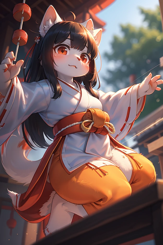 Bokeh , (blur:1.5) , dynamic angle , 1 hairy inari girl , Short stature , realistic hairy fur , Straight black Long Hair , Round face, swollen cheeks,round eyes , neat hair ties , Japanese Shrine Maiden Clothing , (dynamic Noh dance action:1.3) , in the Inari Shrine , Sacred offerin , (Fly around Will-o'-the-wisp) , midnight