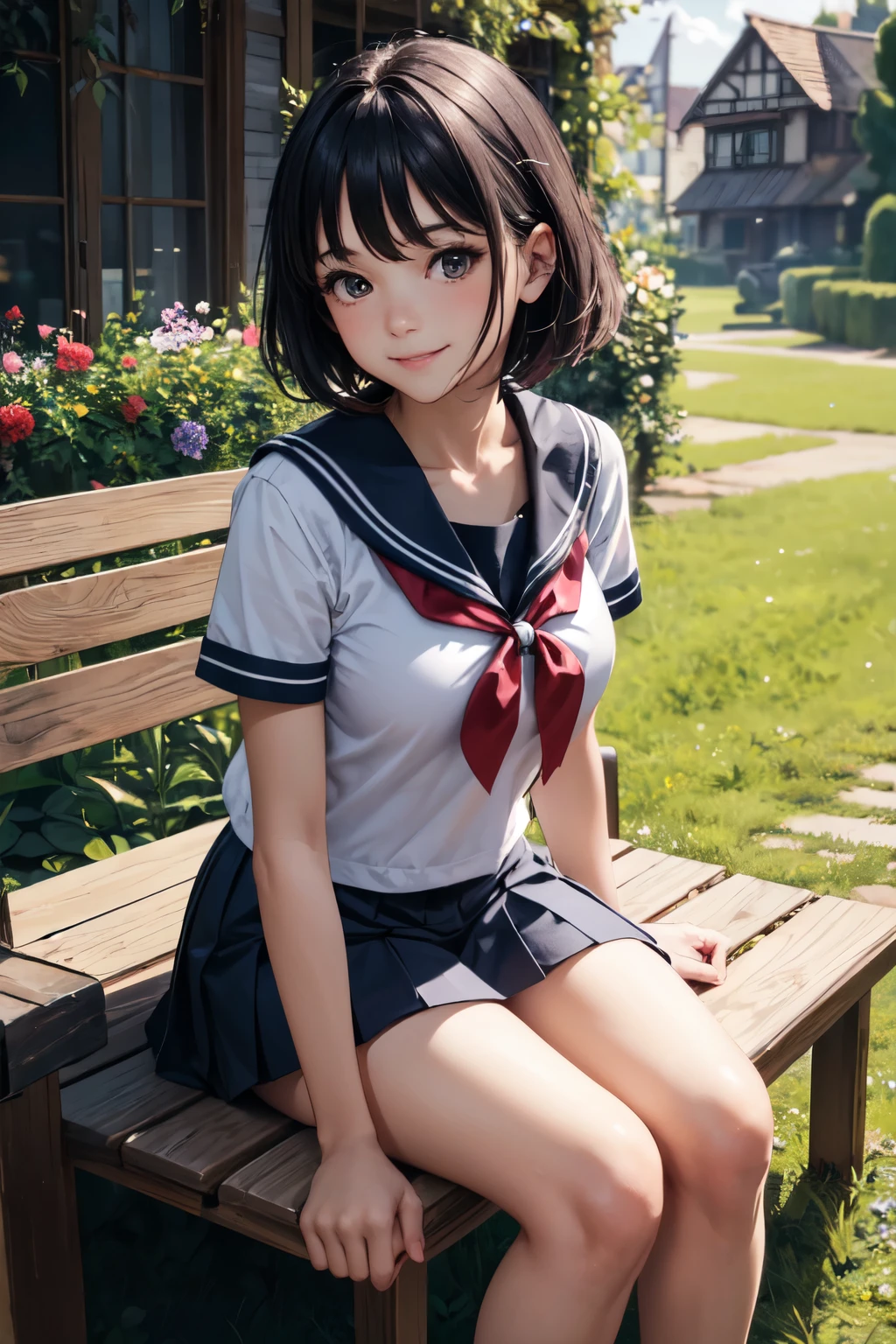 very cute and beautiful girl,(highly detailed beautiful face and eyes),
(smile),blush,looking at viewer,sailor ,short sleeve,pleated navy blue mini skirt,
black hair,sitting,
flower garden,wooden bench,grassland,shrubbery,
(best quality,masterpiece),absurdres,highres,ultra-detailed,extremely detailed,32k,8k resolution,
intricate details,cinematic scene,detailed background,solo,dynamic angle,