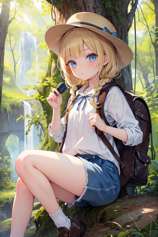 masterpiece, highest quality, High resolution, 13-year-old girl、blue eyes、
blonde、Braiding、Climbing Style、Clothes with lots of pockets、Shorts、rucksack、Thick-soled shoes、Safari Hat、Mountain climbing、Lush tree々々、The sunlight streaming in