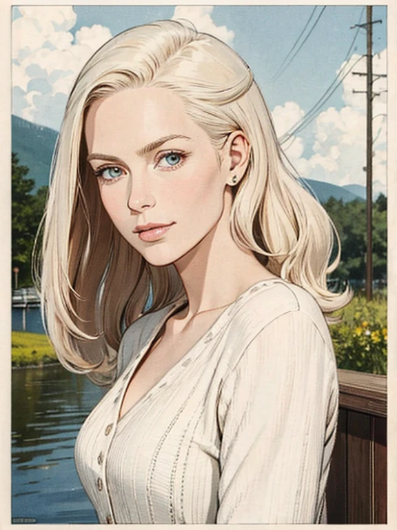 Portrait, close up, of A tall, thin Netherland, Swiss, Russian woman with platinum blonde hair exudes feminine elegance natural beauty, beautiful girl, casual, playful, smirking, movie poster style, standing, boardwalk posing