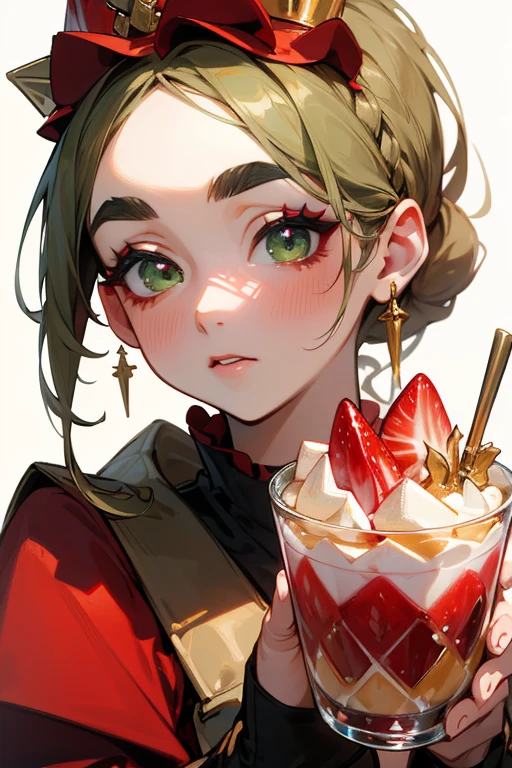 (highest quality, masterpiece:1.2), High resolution, Very detailed, Realistic:1.37, Fantasy, An illustration, Green Eyes、Queen, Red dress.Platinum decoration、beautifully、Eyeshadow Red、Thick eyebrows、Long eyelashes、pupils are black、Her hair is light green、Gold crown、Kissing Face、Embarrassing、people々々々々Loved by、ponytail、Shoulder Bare、Surprised face、Braiding、perfection、Fruit Parfait、Strawberry Parfait、
