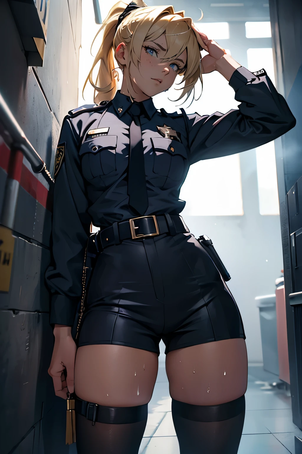 (High definition CG Unity 8k wallpaper). (masterpiece). (Highest quality). (Ultra definition). (Best illustration). (Best Shadow). (Absurd). Sweat. steam. stare. female police officer. She is 20 years old. Her hair is tied up. she is blonde. She is in uniform. Navy hot pants. She covers her skin with dark gray full body stockings. She has a whip in her hand. She looked down. she has big breasts.