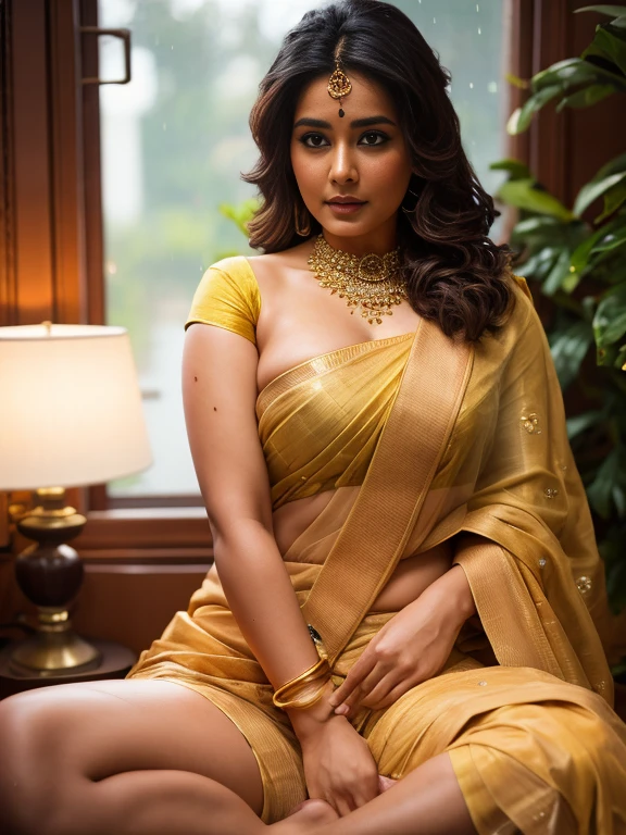 A beautiful Indian woman with wavy hair attractive eyes, all detailed, thick and sexy legs, Wearing saree in the beautiful futuristic air space, mistborn, wet, raining, best quality masterpiece, realistic photo, detailed, 8k, HDR, shallow depth of field, wide light, high contrast, backlight, light flares, chromatic aberration, sharp focus, RAW color photo, all very detailed, nude, naked, pussy, legs spread, juicy pussy, shaved,  Day scene