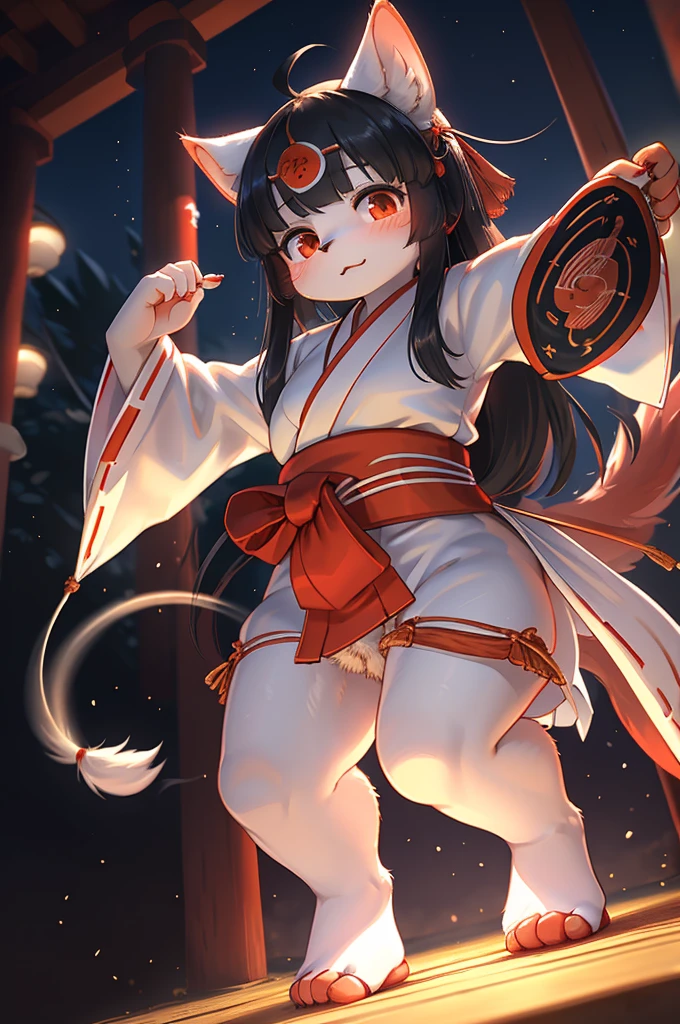 (Bokeh) , dynamic angle , 1 hairy inari girl  , Short stature , realistic hairy fur , Straight black Long Hair , Round face, swollen cheeks,round eyes , neat hair ties , Japanese Shrine Maiden Clothing , (dynamic Noh dance action:1.3) , in the Inari Shrine , Sacred offerin  , (Fly around Will-o'-the-wisp) , midnight