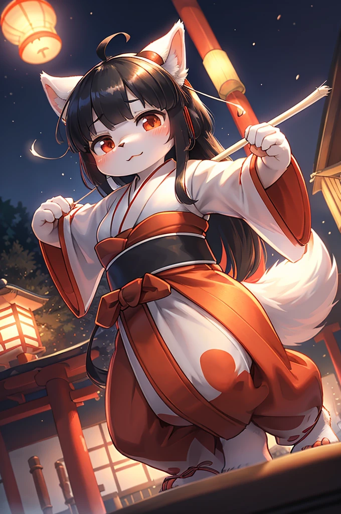 (Bokeh) , dynamic angle , 1 hairy inari girl  , Short stature , realistic hairy fur , Straight black Long Hair , Round face, swollen cheeks,round eyes , neat hair ties , Japanese Shrine Maiden Clothing , (dynamic Noh dance action:1.3) , in the Inari Shrine , Sacred offerin  , (Fly around Will-o'-the-wisp) , midnight