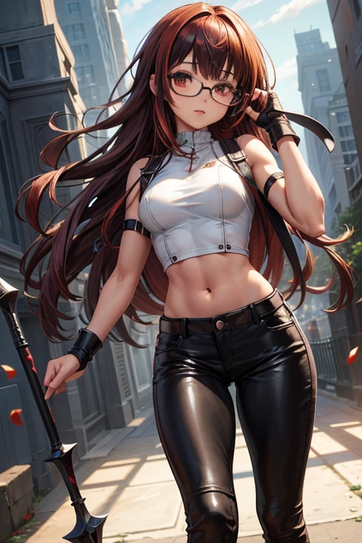 8K UHD, Digital SLR, Soft lighting, High quality, ((best quality)) ((best quality)), ((masterpiece)), (detailed), 4k image, anime style, fair caramel brown skin, beautiful teenage anime girl, bloody red eyes, sleek bright red hair, tight-fit black leather jeans and pants, white shirt, form-fitting leather battle armor, fair caramel brown skin, symmetrical face, plump lips, thin circular frame transparent nerdy glasses, African looks, small breasts, toned thin slender body, small narrow waist, short height, waist length pixie cut hair, hips, phoenix eyes, small nose, European style gothic fantasy style clothing, white color sheer hold up stockings, low-top boots, fair caramel brown skin, gripping a spear