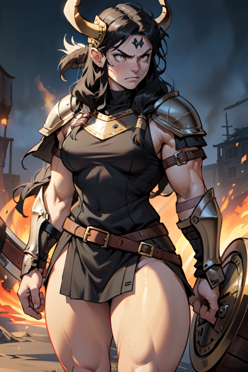 (((muscular))), (thick thighs, small breasts, toned body, 1 girl), black hair, pale skin, yellow eyes, angry, very long hair (((viking armor)))