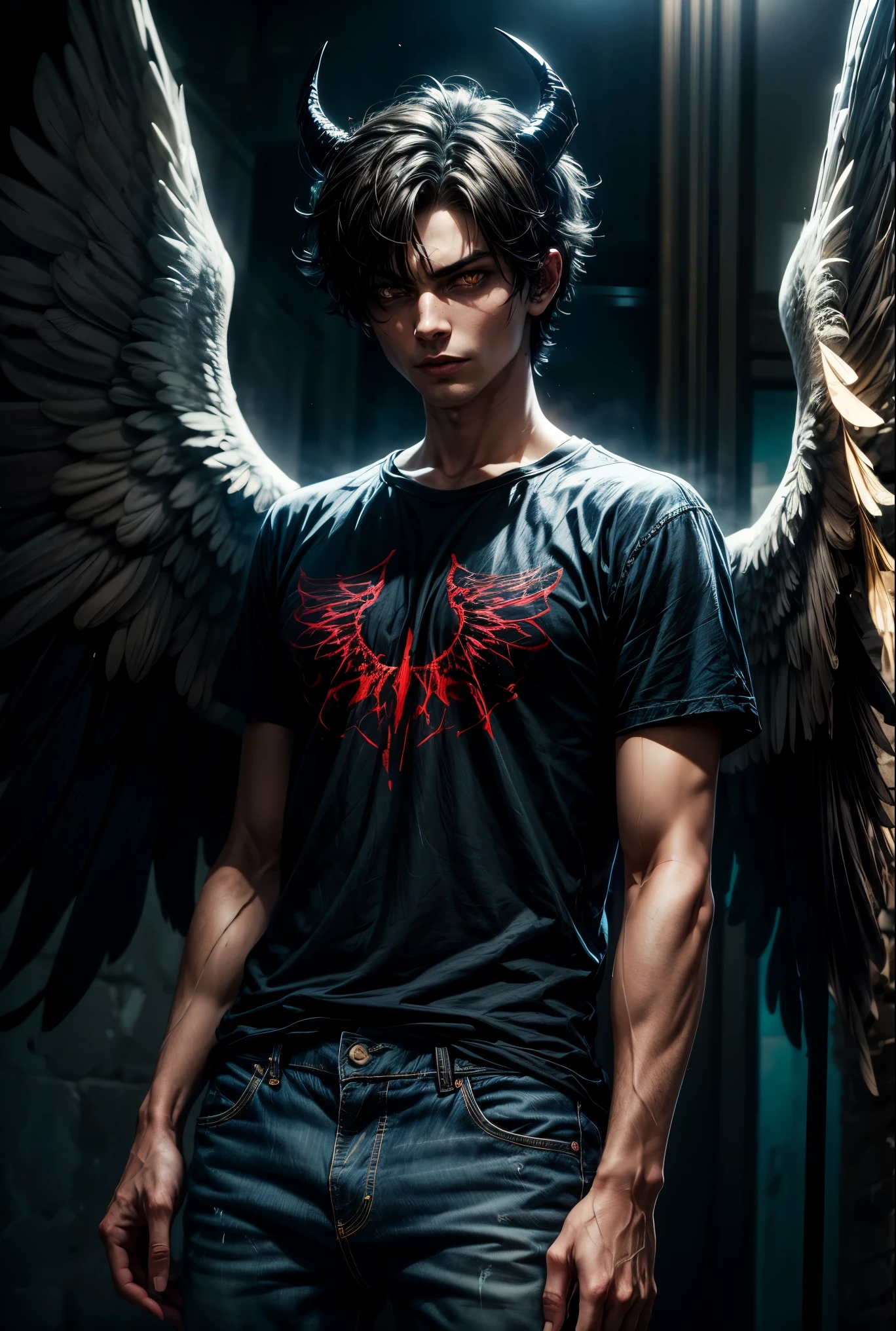 guy, male,  with ((messy short hair)),  wearing blue loose t-shirt and jeans, with yellow eyes, black aura, evil look, ((angel wings)) transforming into a demon, horns