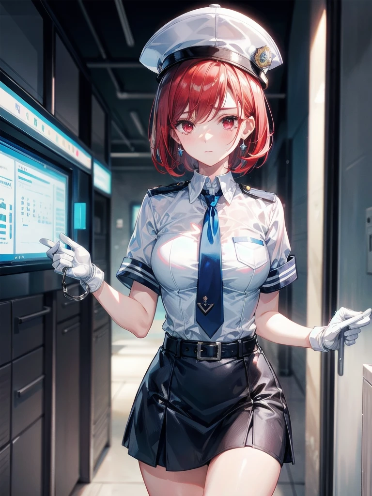 policewoman uniform, light blue short sleeved shirt, navy necktie, high waisted miniskirt, belt, white gloves, police hat, handcuffs, absurdres, RAW photo, extremely delicate and beautiful, masterpiece, Best Quality, ultra high resolution, 32k, hyperrealistic, ultra-detailed, detailed description, pale skin, 20 years old, tearful mole, earring, short medium hair, wavy hair, whole body shot, legs, Redhead, Red eyes,