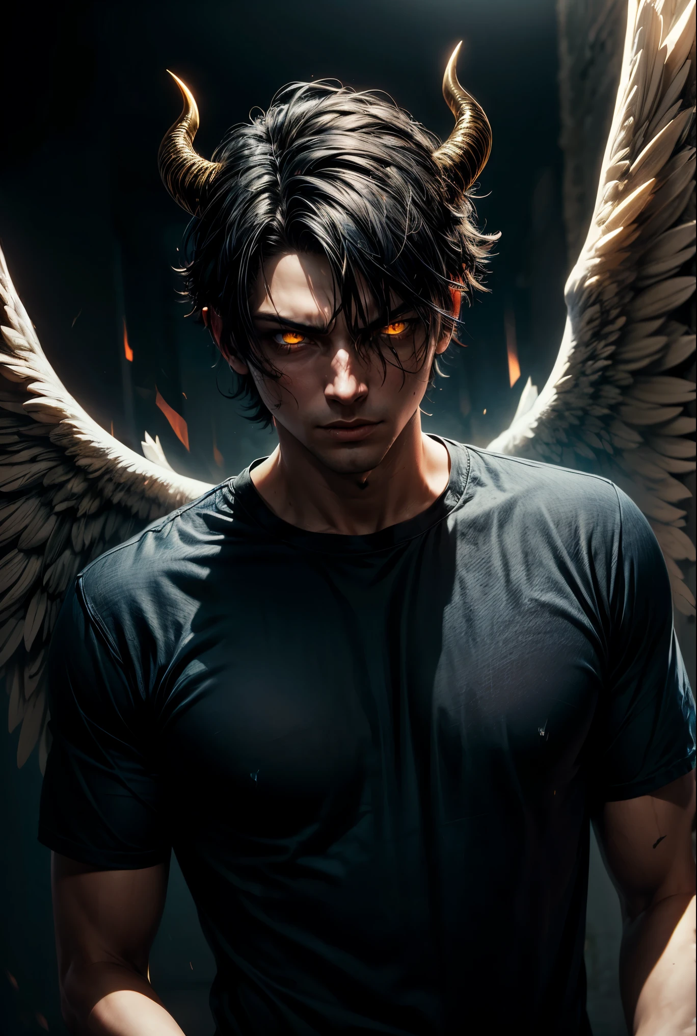 guy, male, with ((messy short hair)), wearing blue loose t-shirt and jeans, with yellow eyes, black aura, evil look, ((angel wings)) transforming into a demon, horns
