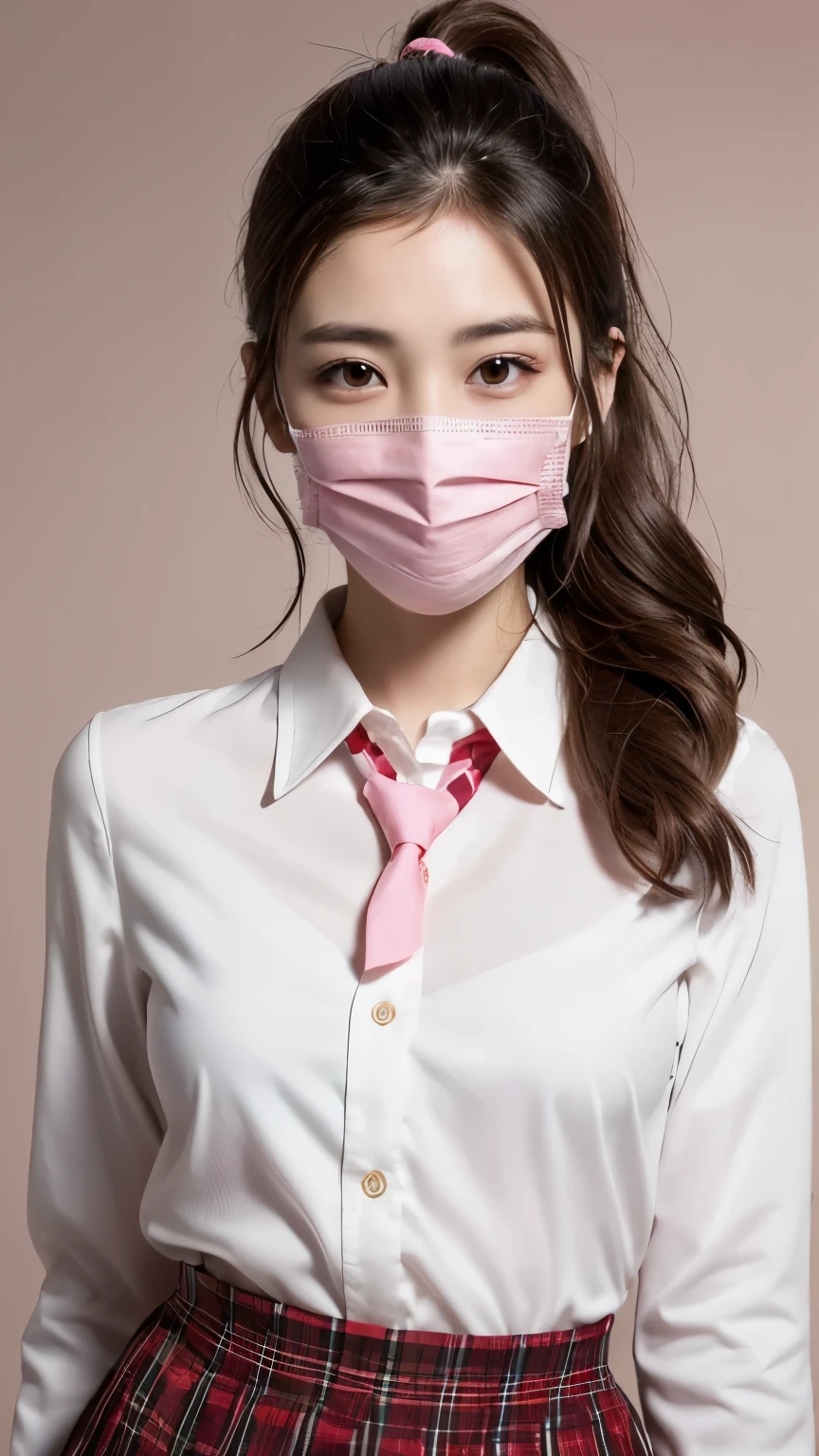 Cowboy Shot, (highest quality:1.4), 32K resolution, (Realistic:1.5), (超Realistic:1.5), High resolution UHD, (masterpiece:1.2), (Improvement of quality:1.4), 1. woman, Supermodel, , Perfect Anatomy:1.37, Face Light, Lighting from an angle, 日本のwoman, high school girl, action, gravure, sexy, (White surgical mask covering the mouth:1.21), uniform, (Plain pink collared blouse shirt:1.21), (patterned ribbon tie:1.21), (Red Check Skirt:1.21), Warm color background:1.1, Very detailed, (Dark Eyes), Symmetrical eyes, Thin lashes, Sharpen your eyebrows, Natural Makeup, ((A great eye for quality:1.2)), (tired, Sleepy and satisfied:0.0), (Great nose:1.2), (Flat Chest), (Slim lower body), Shiny brown hair, Let your bangs hang long, (ponytail:1.21), ((Realistic)), ((Sharp focus)), (Highest Resolution), ((The most ridiculous quality)), (Ultra-high resolution:1.6), (Realistic:1.6), dramatic cinematographic lighting,