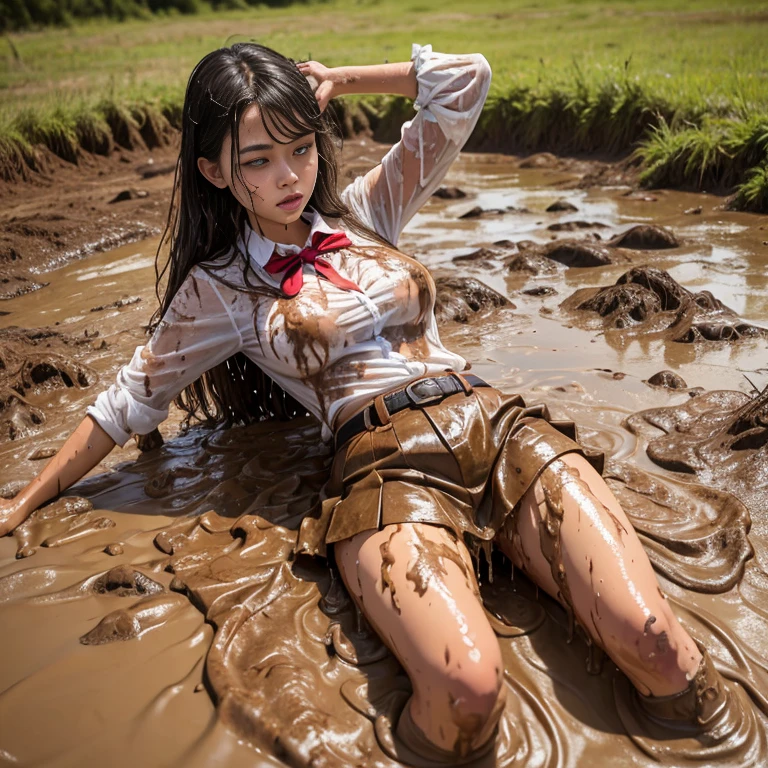 muddy girl , dirty mud , steam , wet and sweaty , Nipples can be seen through , Soak in water , wet white shirt , rain