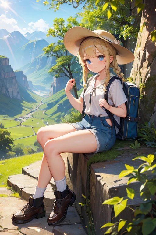 masterpiece, highest quality, High resolution, -yeld giblue eyes、
blonde、Braiding、Climbing Style、Clothes with lots of pockets、Shorts、rucksack、Thick-soled shoes、Safari Hat、Mountain climbing、Lush tree々々、The sunlight streaming in