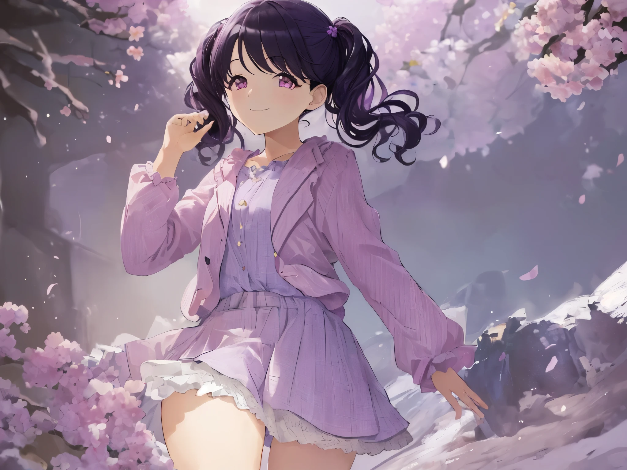 (((masterpiece, highest quality, High resolution,8k))),fukumaru koito, medium hair,purple black hair, twintails, purple eyes,pink jacket,purple shirts,ruffle skirt,close eye,A big smile,Posing,