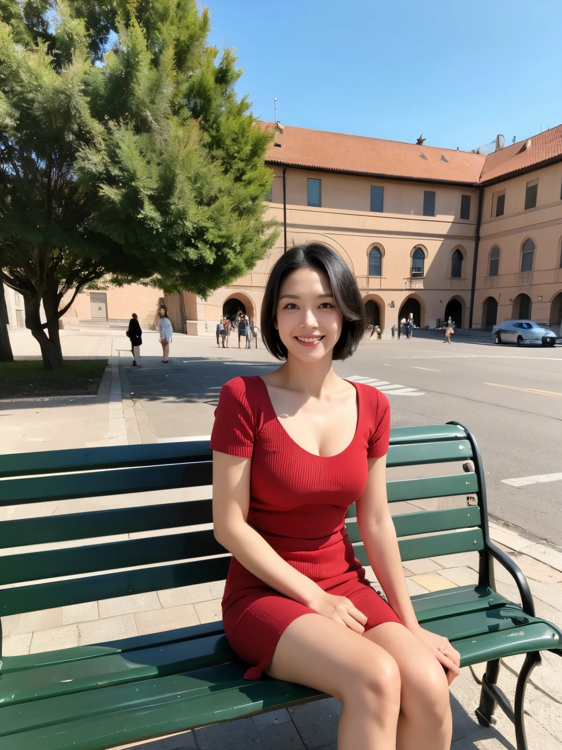 最high quality, In 8K, Masseter region, Vibrant, Sharp focus, high quality, High resolution, Detailed face, Fine grain, Red lips, (Watching the audience), alone, Beautiful woman, 38 years old, (Very short black hair:1.3)、(Bob Hair)、(Standard body shape)、(D cup breasts)、 Cleavage, , afternoon、(Italy、Milan、The square in front of the church:1.5),(Sitting on a bench:1.5)、(Red short sleeve knit dress:1.6)、(Red knee-length skirt:1.6)、(Black pumps:1.5)、(smile:1.3)、