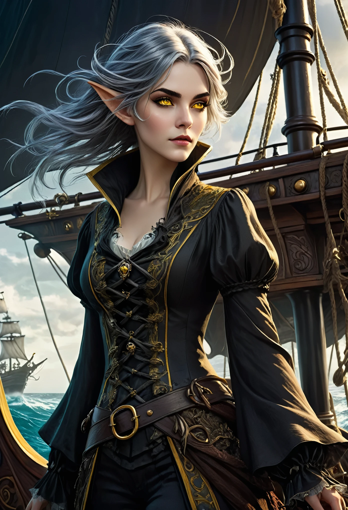 breathtaking illustration of The character, with elf-like ears and grey bob-cut hair, appears even more ethereal, with her yellow eyes glowing more intensely a young adult female character on a pirate ship, her pirate captain outfit billowing in the wind like a cloak. This artistic rendition continues in the Gothic style, emphasizing darker, moody tones and more intricate details. . The pirate ship and ocean are depicted with enhanced Gothic architectural elements, like more pronounced pointed arches and more ornate carvings, creating an even more hauntingly beautiful seascape. The overall mood is deeper and more mysterious, typical of intensified Gothic art., (illustration:1.3), masterpiece, breathtaking illustration, natural beauty