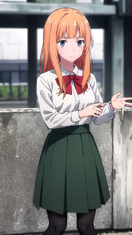 best quality,4k,8k,highres,masterpiece:1.2),umasterpiece,high quality,solo,
Orange hair, green eyes, 
gray skirt, white long sleeve blouse, red bow, , green gakuran, high quality, school graffiti in the background. 