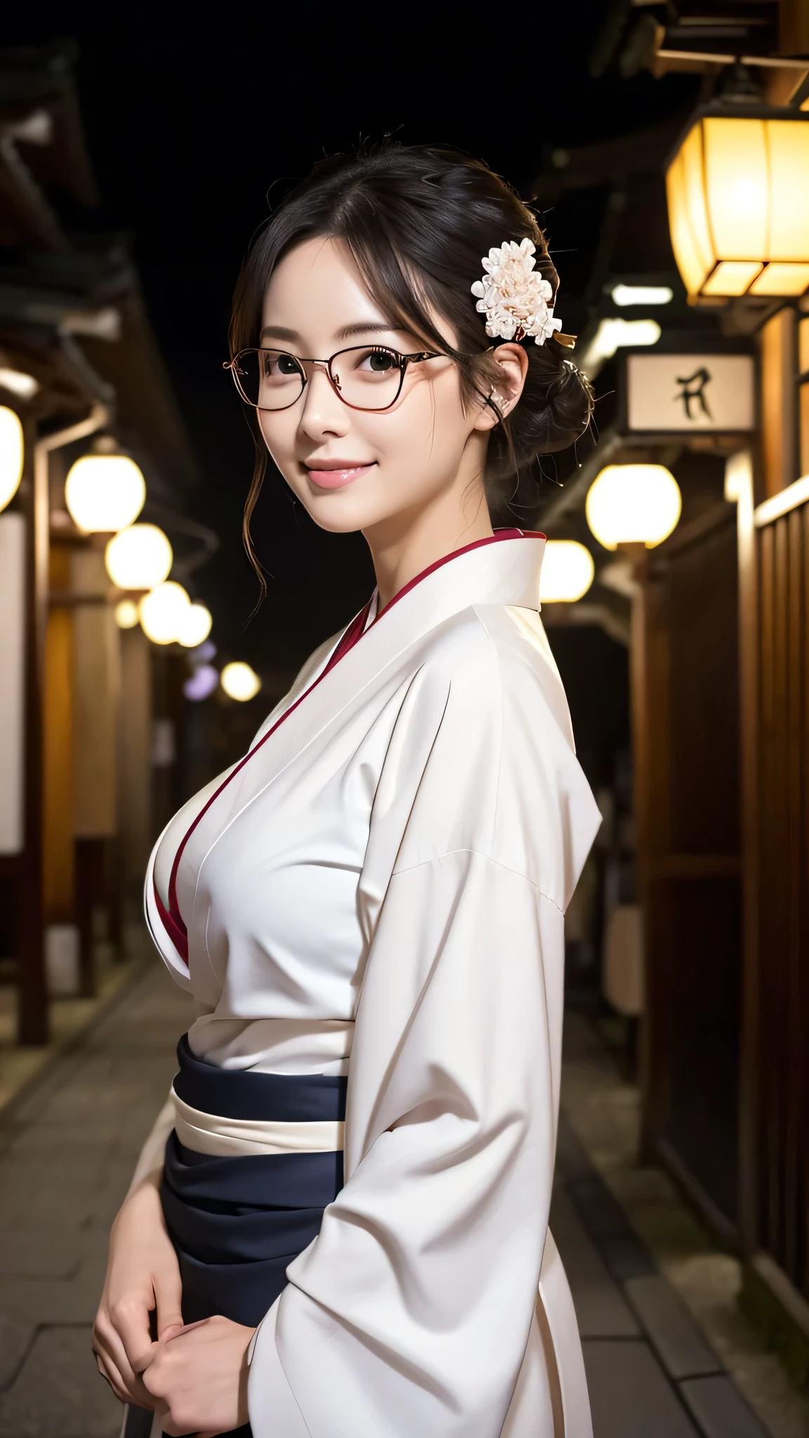 (Super beautiful woman in kimono)、((highest quality、8K masterpiece:1.3))、sharp focus:1.2、(super beautiful face:1.0)、(shiny skin:1.0)、realistic pictures、black hair、video lighting、High resolution eyes and face、video lighting、japanese actress、from the front、big breasts、with a happy smile、Slender abs beauty、whole body、wearing a kimono、in Kyoto、(((luxury obi)))、In Kyoto at night、wearing glasses with no edge