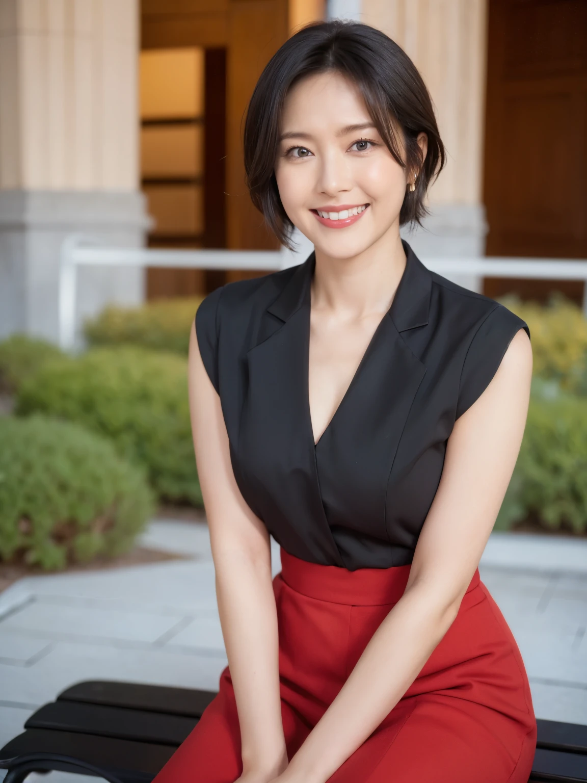 最high quality, In 8K, Masseter region, Vibrant, Sharp focus, high quality, High resolution, Detailed face, Fine grain, Red lips, (Watching the audience), alone, Beautiful woman, 38 years old, (Very short black hair:1.3)、（Bob Hair）、（Standard body shape）、（D cup breasts）、 Cleavage, , afternoon、（Italy、Milan、The square in front of the church:1.5）,(Sitting on a bench:1.5)、（Red short sleeve knit dress:1.6）、（Red knee-length skirt:1.6）、（Black pumps:1.5）、（smile:1.3）、