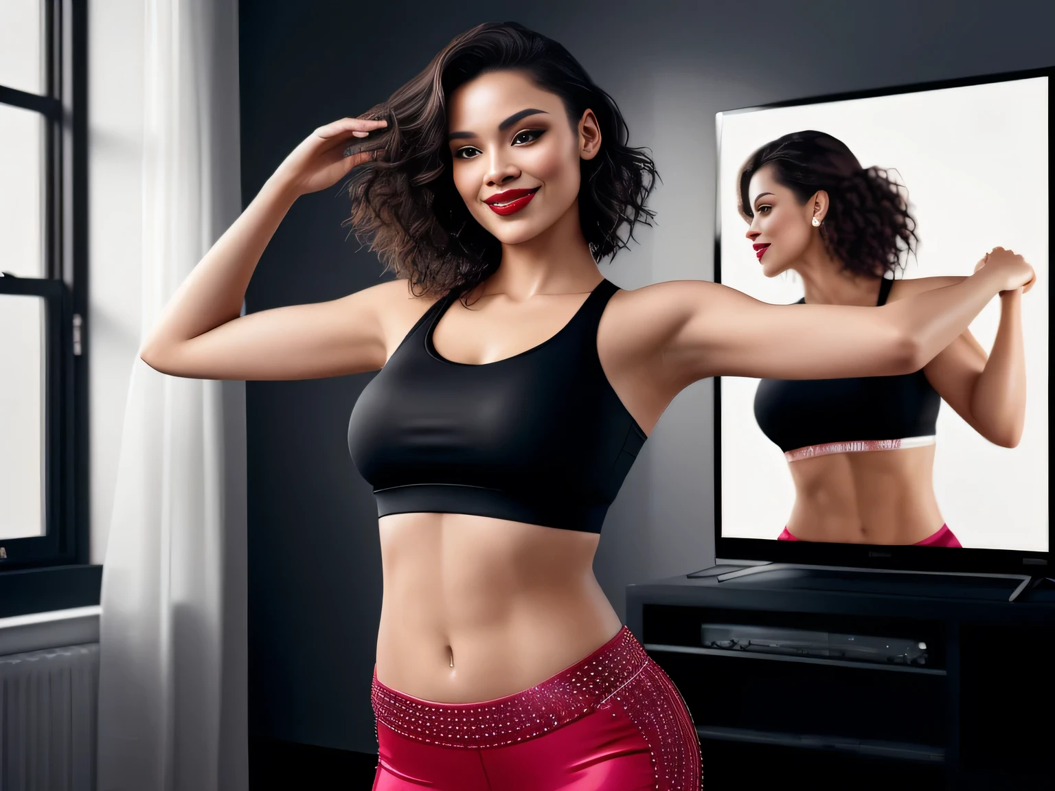there is a woman standing in front of a TV playing, working out, sweating 4k, wearing a black top and black t-shirt, fitness body, perfect body, perfect mouth, back plane, toned behind, dancing in the background, sports bra and shorts, other women dancing on the TV screen, looking partially to the left, thin Latin woman dancing, interior photo, as if she were dancing, a sensual photo. A woman with white skin and dark hair. She is around 38 years old, he measures 164 cm and weighs 56 kg. Her perfect lips, her large, charming dark brown eyes seem to contain a world of wonders. Slim body. Thin waist. Her body exudes glamor and her face is the definition of beauty. Test, highly realistic, reddish skin, beautiful, slightly full lips, red lipstick, smiling, feeling of lightness and joy, hyper-realism, very elaborate skin, direct look. Full body photo, clear photo, high quality, high resolution, masterpiece, 16K