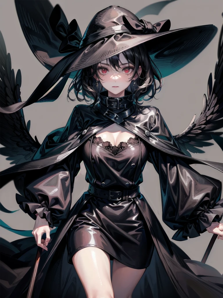 black French wide-brimmed hat, black trench coat, Black scarf, Gauze wrapped around the neck, absurdres, RAW photo, extremely delicate and beautiful, masterpiece, Best Quality, ultra high resolution, 32k, hyperrealistic, ultra-detailed, detailed description, pale skin, 20 years old, tearful mole, earring, short medium hair, wavy hair, whole body shot, legs, Red eyes,