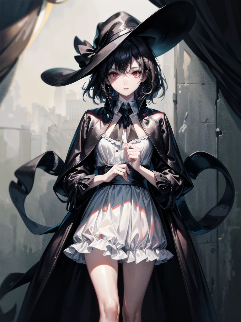 black French wide-brimmed hat, black trench coat, Black scarf, Gauze wrapped around the neck, absurdres, RAW photo, extremely delicate and beautiful, masterpiece, Best Quality, ultra high resolution, 32k, hyperrealistic, ultra-detailed, detailed description, pale skin, 20 years old, tearful mole, earring, short medium hair, wavy hair, whole body shot, legs, Red eyes,