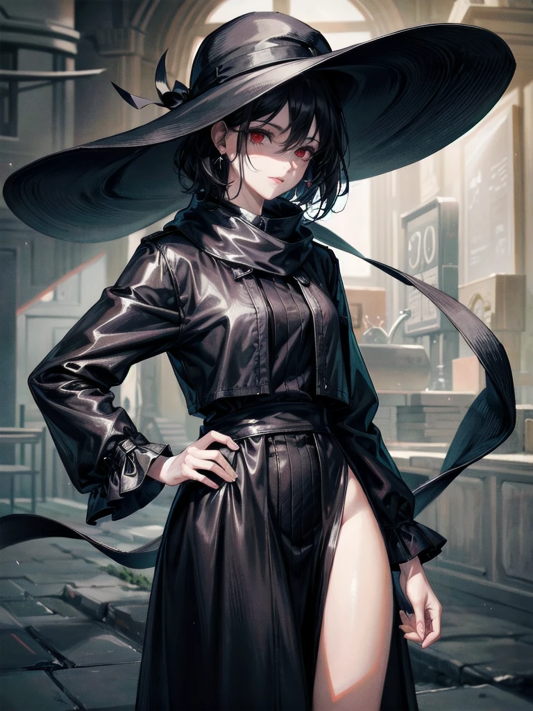 black French wide-brimmed hat, black trench coat, Black scarf, Gauze wrapped around the neck, absurdres, RAW photo, extremely delicate and beautiful, masterpiece, Best Quality, ultra high resolution, 32k, hyperrealistic, ultra-detailed, detailed description, pale skin, 20 years old, tearful mole, earring, short medium hair, wavy hair, whole body shot, legs, Red eyes, 