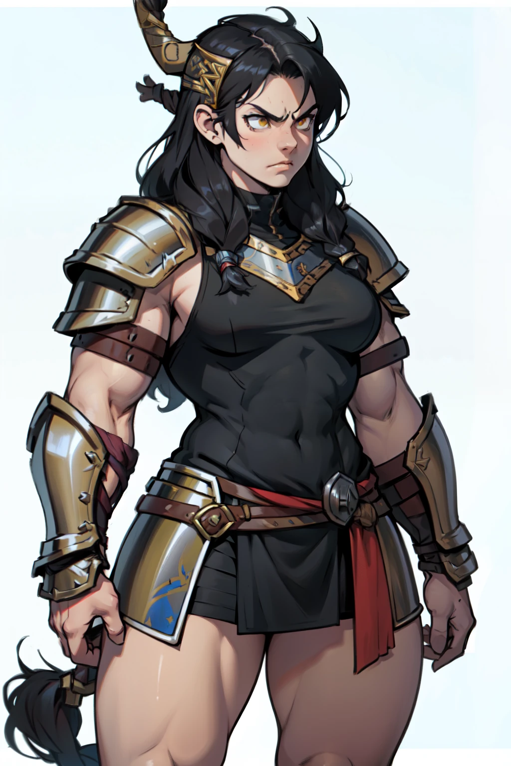 (high resolution, pixel perfect, gorgeous illustrations), (hyper quality, muste piece, etheric: 1.4), ((nsfw)), (((cowboy shot))), face focus, ((1girl)), (female savage), woman, dominatrix, ((open stance)), (((((restrained, shackles))))), cool atmosphere, black hair, (((((slicked_back_hair))))), Exquisite face, (((black_lips))), blush, (((((((muscular_female))))))), (thick thighs, wide hips, Big breasts that are about to burst), fighter, (((wh_chi_armor))), (((((thong))))), high heel boots, shiny skin, gleaming skin, sweat, simple background,