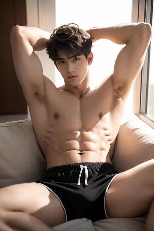 1boy, brown hair, side view, facing the camera, sexy shorts, shirtless, lifted arms, sitting, spread legs, pubes, Very detailed handsome face, Heroic, Large muscles,