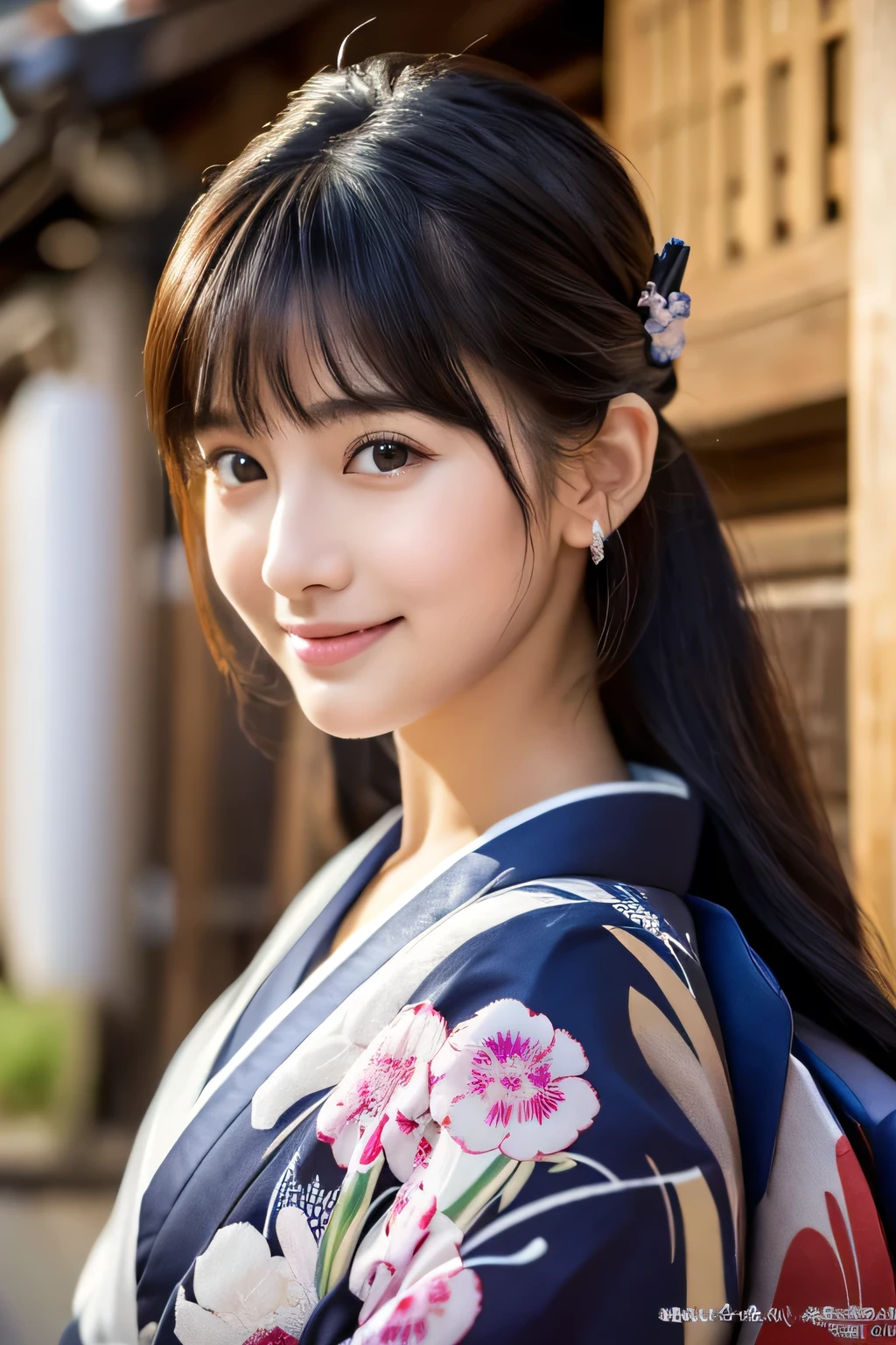 (8k、RAW Photography、top-quality、masterpiece:1.2)、ultra-detailliert、超A high resolution、(realisitic、photoRealstic:1.37)、portlate、High-detail RAW color photos、professional photograpy、extremely delicate and beautiful、A highly detailed、 8K wallpaperagnifica、finely detail、huge filesize、Official Art、Highly detailed CG Unity 8k wallpapers、highly detailed beautiful girl、extra detailed face、extremely detailed eye、highlydetailed skin、extremely detailed fingers、highly detailed nose、highly detail mouth、perfect anatomia、highly detailed back ground、Highly detailed attire、1 girl、(18year old:1.2)、10 generations、Cute s、famous Japan idol、cute little、(small tits:1.2)、Realistic body、、fair white skin、shinny skin、slenderbody、well-styled、A dark-haired、Hair collection、(Pattsun bangs:1.2)、a smile、kawaii、young、kawaii faces、lifelike face、Beautiful eyes、Sauce order、(kimono:1.4)、Dense embroidery、耳Nipple Ring、(hair adornments:1.2)、Eye、cowboy shot、frontage、standing athletic pose、Contrapo、outside of house、(natta:1.4)、A Japanese style、kyoto、Dynamic lighting、valley、