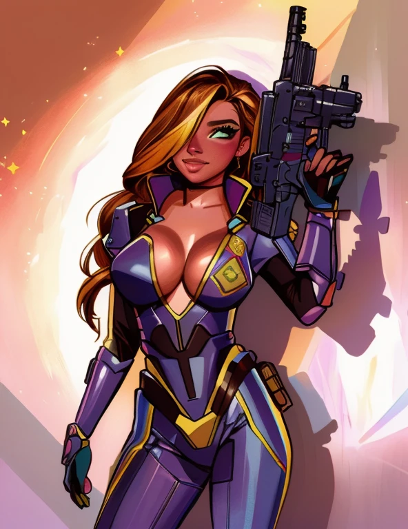 uma imagem de desenho animado de uma mulher de terno segurando uma arma, garota soldado mecanizada, colorful illustration, zenoscope, inspired by José Comas Quesada, colorful digital illustration, linda garota ciborgue pinup, bela arte em quadrinhos, por Randy Vargas, por Rick Naguaro, epic colorful illustration, dressed in tactical armor, fofosexyrobutts