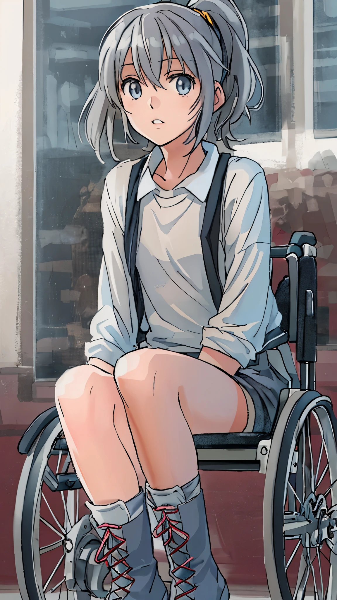 (highest quality,4K,8K,High resolution,table top:1.2), Super detailed, (realistic,photorealistic,photo-realistic:1.37),(full body),((from below)),sickly beautiful girl, sad,I was surprised,((gray hair color)),((long hair)), ((she ‘s riding in a wheelchair)),((she’s rowing a wheelchair)),((hair above the eyes)),((t-shirt)),((shorts)),((wear black open finger gloves)),((black lace-up long boots)),((knee pads)),((braces in legs)),espadrilles,beautiful and detailed eyes, beautiful detailed lips, highly detailed eyes and face, long eyelashes, realistic anime 3D style, Smooth anime CG art, Digital rendering by Makoto Shinkai, Moe anime art style, photorealistic rendering of an anime girl, Shinkai Makoto style, Cute anime girl visuals, realistic young anime girl, girl fan art, Created by Anime Artist'studio of.