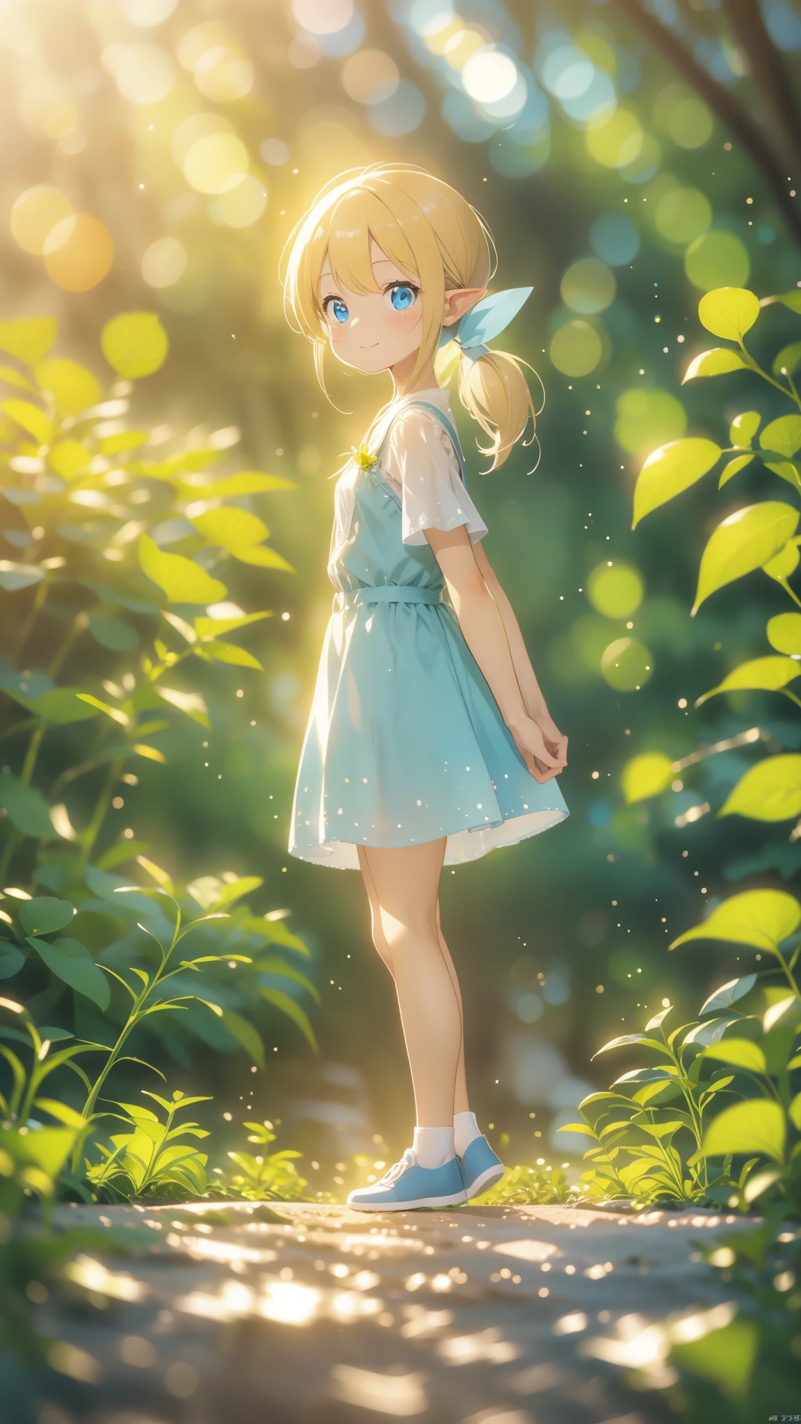 from side, atmospheric perspective, depth of field, cinematic lighting, sparkle, f/2.8, 135mm, UHD, retina, high details, high quality, highres, best quality, 4K、In a fantastic forest、Elf girl standing alone、Blonde、Blue Eyes、A fantastic outfit based on white、A fantastic atmosphere、One Girl、Close-up、He is facing forward without noticing me.