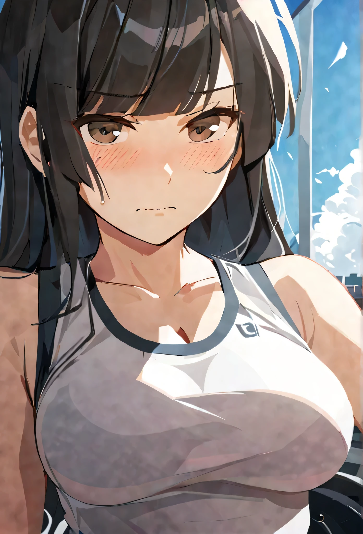 masterpiece,best quality, solo, eda, bangs, black hair, blue sky,cloud, shy expression, blushing expression, embarrassed expression, medium breast, hot, thicc, she is grabing her chest, she is embarassed , she has a medium chest, she is wearing a gym outfit ,she is looking at you, closed mouth, cleavage, upper body , she is looking down on you, she is in the gym, she is working out, she is wearing sports bra, she is jealous of other girls,she has jealous looks, she is fit, she is looking at the viewer, upper body, dynamic pose, dinamic view angle, detailed