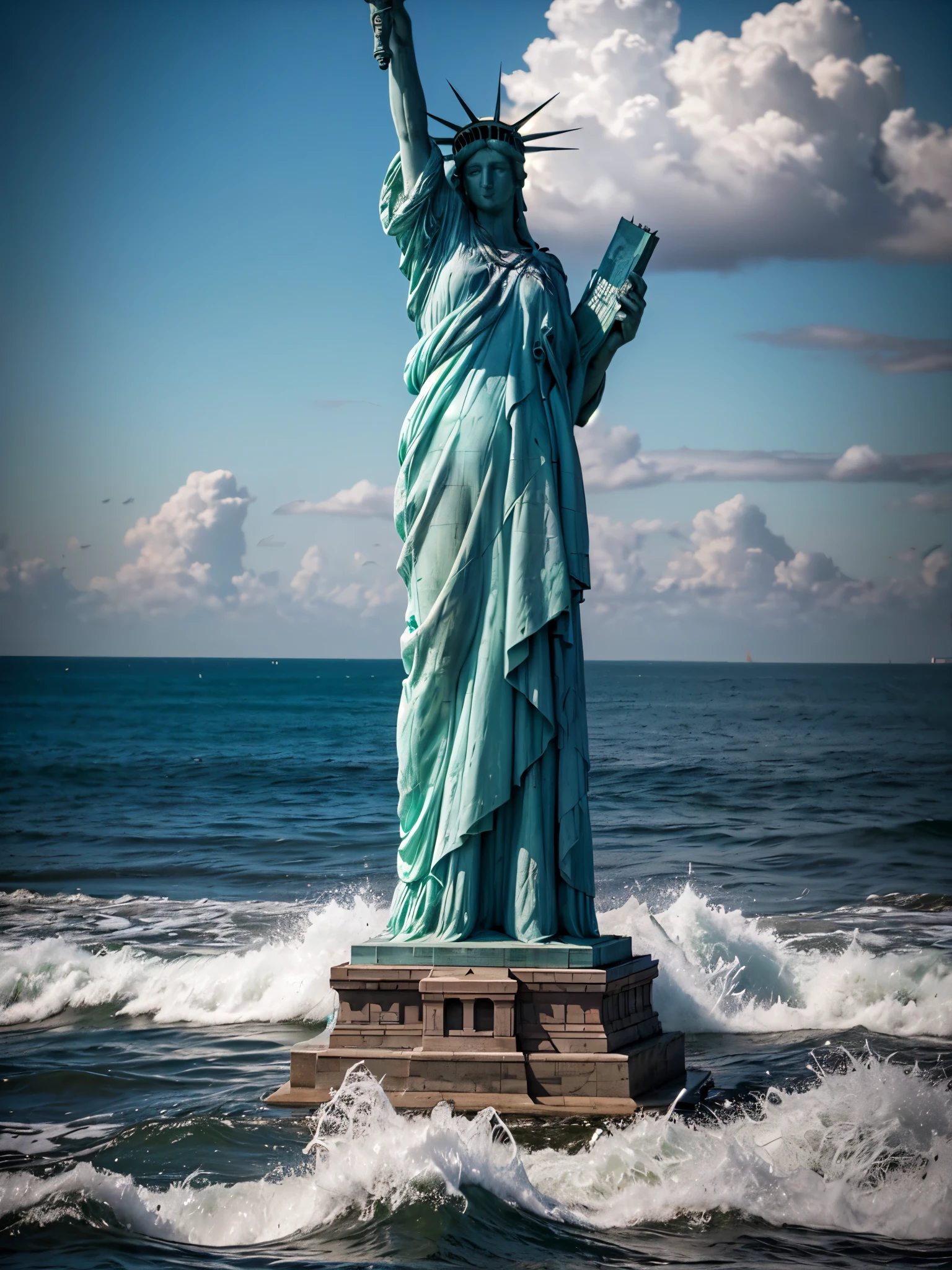 (lady-liberty), The Liberty Statue in pieces outdoor in the sea. The statue has fallen and lies in pieces. The head emerges from water, the arm emerges from sea-water. The statue is surrounded by mist, evoking a mysterious and eerie atmosphere. The lighting is dark and atmospheric, with a red smoke adding a touch of sinister ambiance. The image is of the best quality, with a resolution of 4k and HDR enhancement, showcasing the utmost level of detail and realism. analog photography, high quality textures. Clear blue cloudy sky. photorealistic shot, water effects, ripple effects, (flower effects: 0.65), light effects