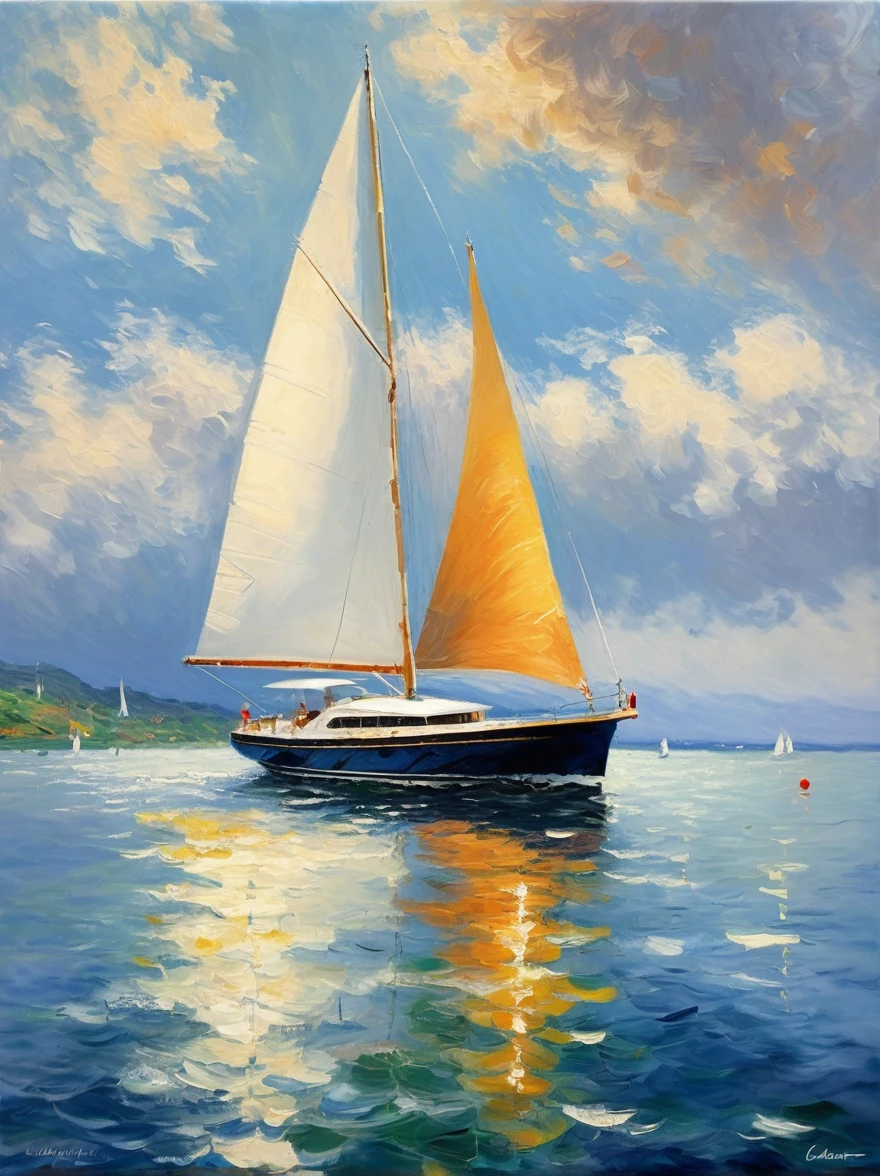 (Claude Monet Style:1.3)，Impressionist artist captures stunning scene of luxury yacht on tranquil ocean。This luxurious sailboat has a pure white hull，Anchored on a calm sea under a cloudy sky，Utilizes techniques associated with Impressionism，For example, visible brush strokes，Open composition，And emphasize the accurate depiction of the changing quality of light。