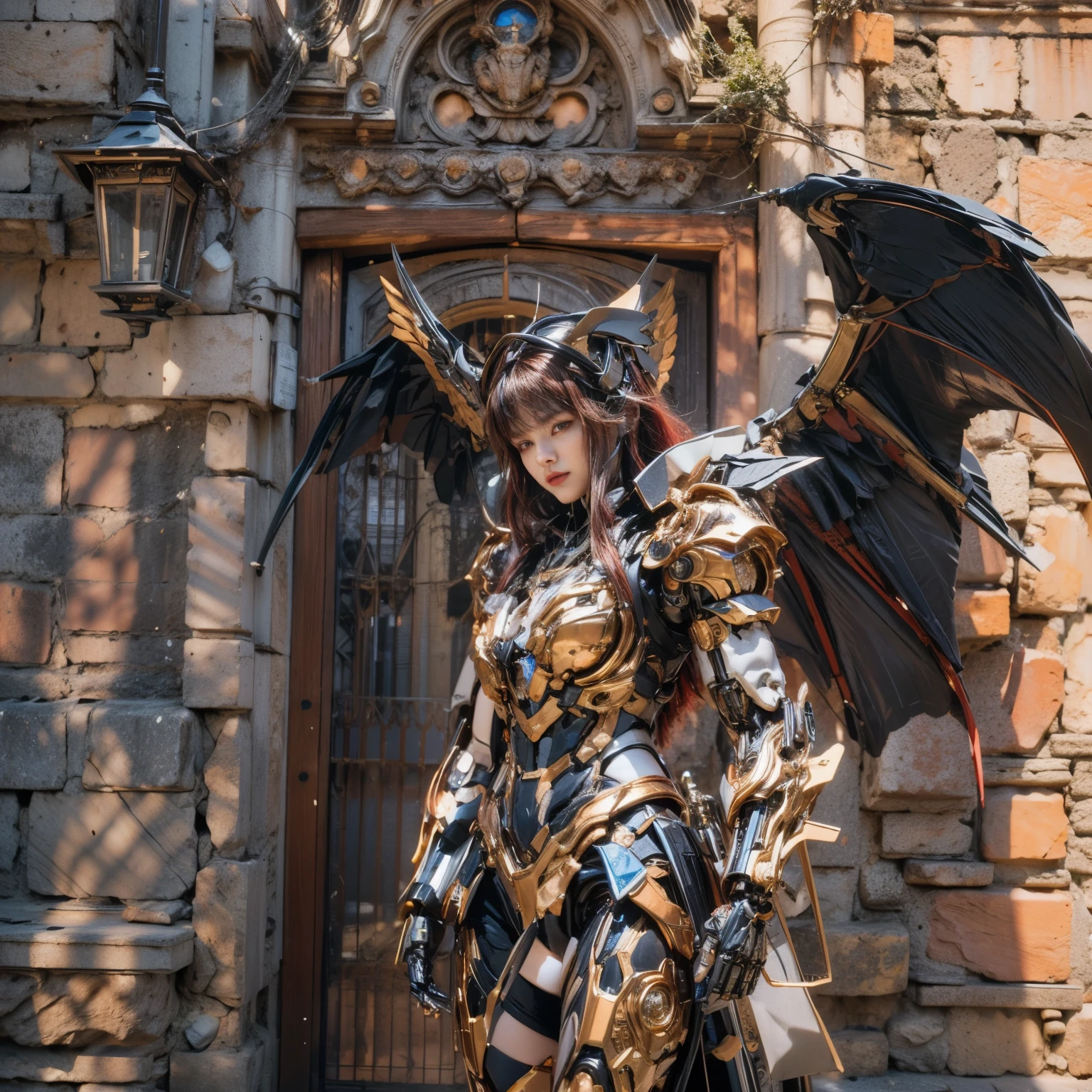 (top-quality:1.2, masterpiece)、ultra high resolution、extremely ultra surrealism, (Photorealsitic:1.4)、Raw photo、(Steampunk Battle Cyborg fallen angel)、(large mechanical bat wings)、black porcelain body、red hair、glowy skin、1 Cyborg girl、(mechanical frame:1.3)japanese, extremely cute face, ((super realistic details))、portrait、globalillumination、Shadow、octan render、8K、ultrasharp、character edge light、Details of complex ornaments、Acrylic Clear Cover、Sumerian details、Hydraulic cylinder、Small LED lamp、highly intricate detail、Realistic light、a purple eye、radiant eyes、Facing the camera、neon details、cowboy shot、Futuristic headgear、About Cyberpunk