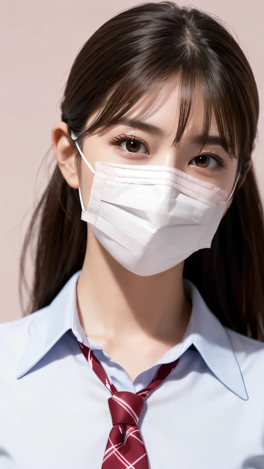 Cowboy Shot, (highest quality:1.4), 32K resolution, (Realistic:1.5), (超Realistic:1.5), High resolution UHD, (masterpiece:1.2), (Improvement of quality:1.4), 1. woman, Supermodel, 16 years old, Perfect Anatomy:1.37, Face Light, Lighting from an angle, 日本のwoman, high school girl, action, gravure, sexy, (White surgical mask covering the mouth:1.21), uniform, (Plain pink collared blouse shirt:1.21), (patterned ribbon tie:1.21), (Red Check Skirt:1.21), Warm color background:1.1, Very detailed, (Dark Eyes), Symmetrical eyes, Thin lashes, Sharpen your eyebrows, Natural Makeup, ((A great eye for quality:1.2)), (tired, Sleepy and satisfied:0.0), (Great nose:1.2), (Flat Chest), (Slim lower body), Shiny brown hair, Let your bangs hang long, (ponytail:1.21), ((Realistic)), ((Sharp focus)), (Highest Resolution), ((The most ridiculous quality)), (Ultra-high resolution:1.6), (Realistic:1.6), dramatic cinematographic lighting,
