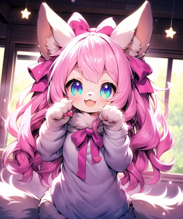 Fluffy cat girl, Body hair, Animal ears, Tail, naked, looking at the audience,Smile,Heart pose,Pink cute room,pink gothic room,heart item,Ribbon,Star Products,permanent, Upper Body,